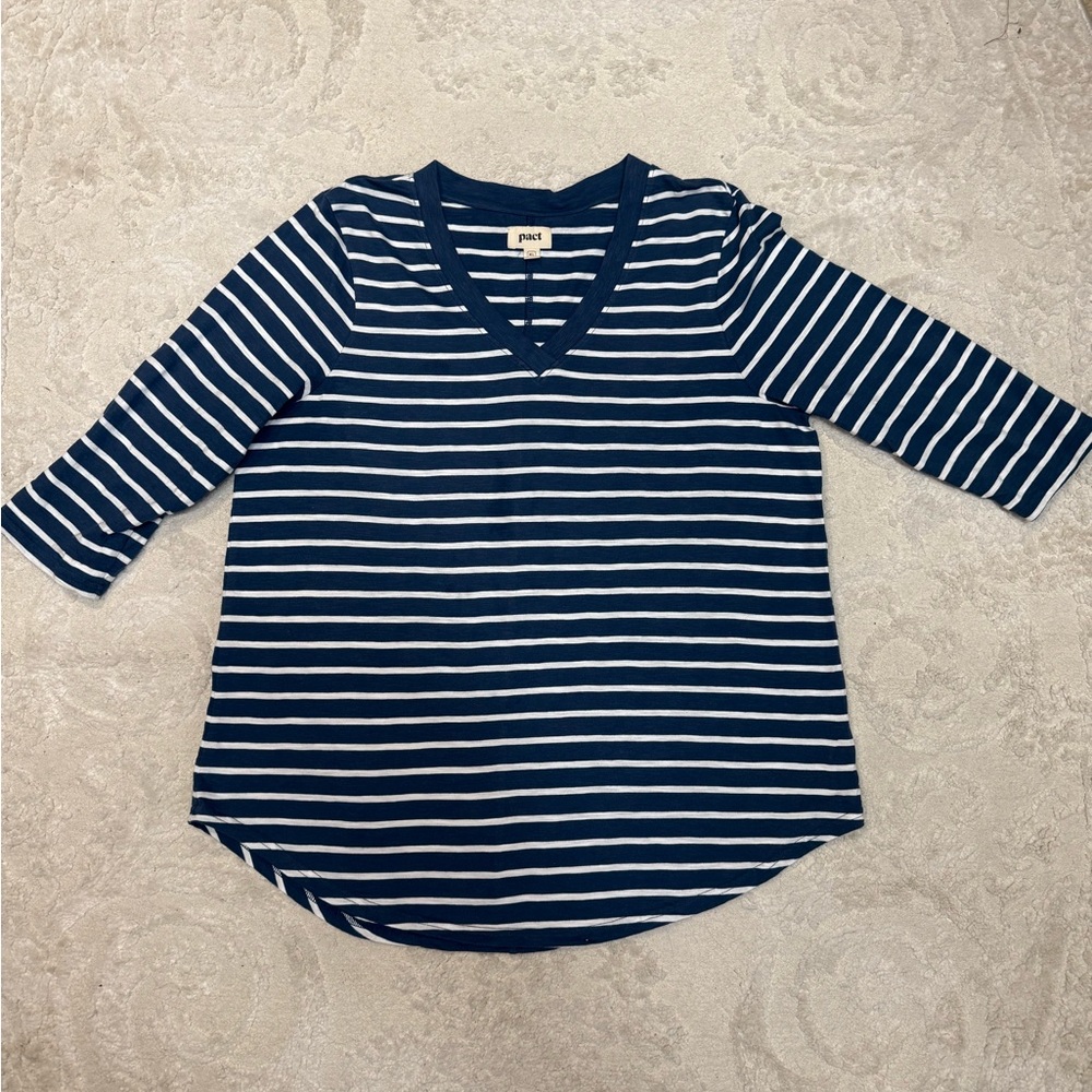 Pact Organic Cotton Striped Tee XL Blue White V Neck 3/4 Sleeve Top - Picture 2 of 8